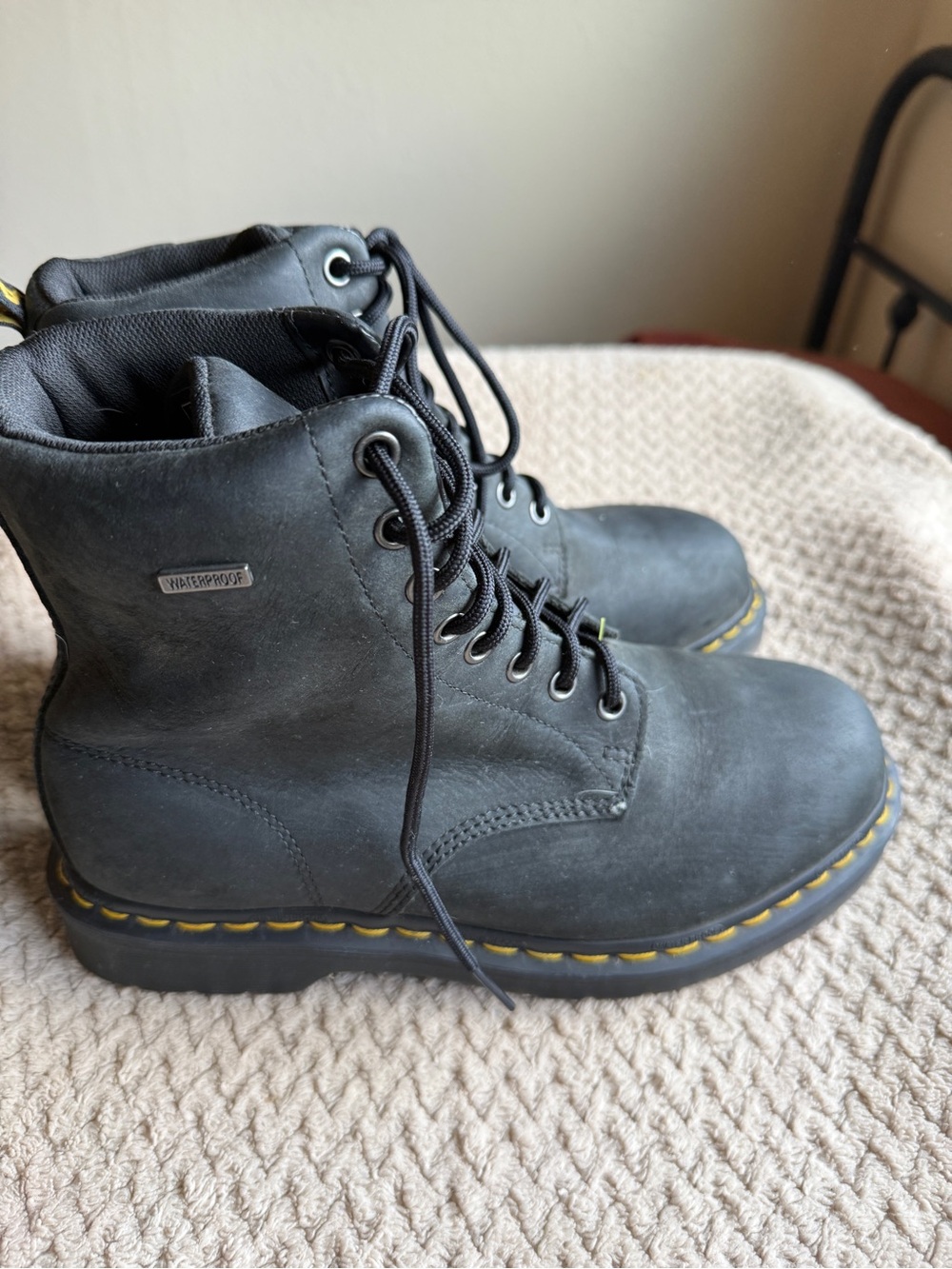 Dr. Martens Black Lace-Up Boots with Yellow Welt Stitching